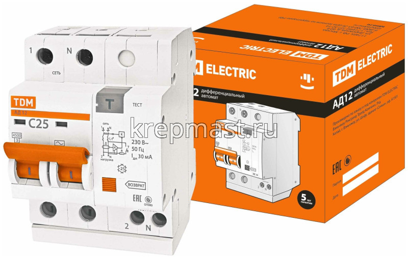 Выключатель дифференц. АД 12 2Р 25А 30мА TDM