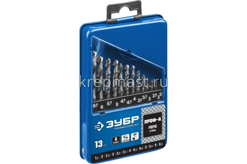 Набор сверел по металлу 13шт ЗУБР (1,5-6,5мм) металл.бокс