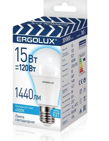 Лампа А60 15Вт Е27 4500К